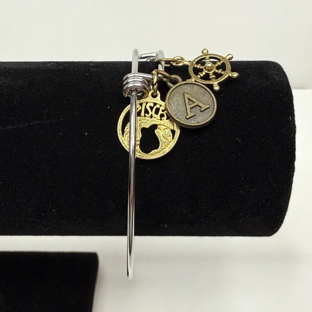 Zodiac Pisces Charm Bangle Bracelet Silver Gold Tone Initial A Nautical Wheel